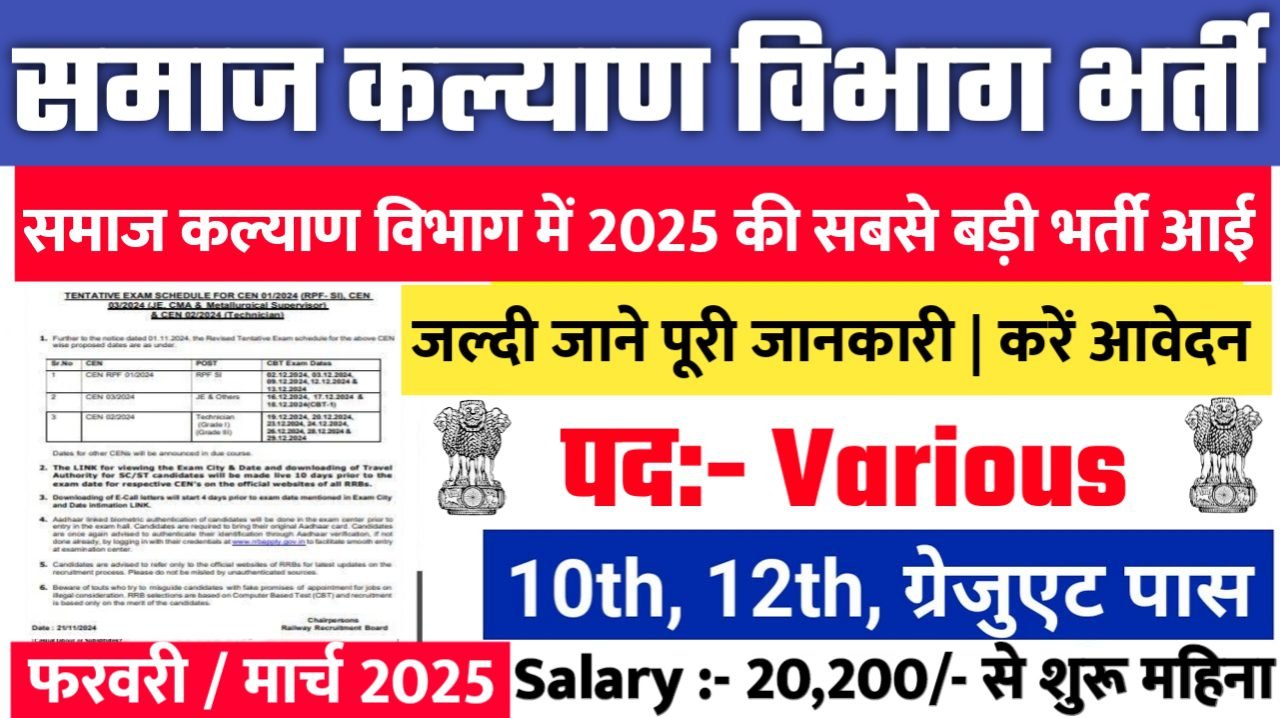 Samaj Kalyan Vibhag New Bharti 2025- समाज कल्याण विभाग भर्ती 2025, Authoritative Notice Out